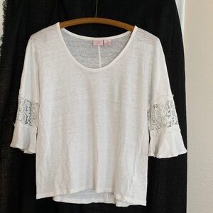 St. Tropez West women’s linen top with laced 3/4” bell sleeves, white, size L